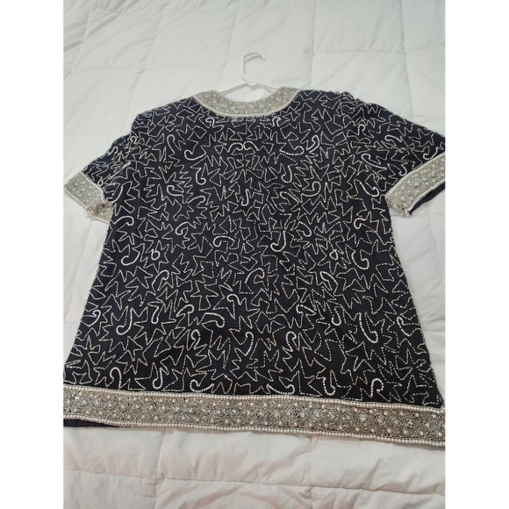 Laurence Kazar Beaded Pearls Evening Top 100% Silk Black White Size XL Tunic Vtg - Picture 3 of 11